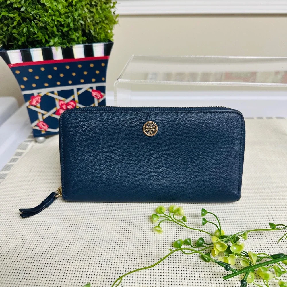 Tory Burch Robinson Saffiano Leather Zip Around Wallet in Blue Multipockets